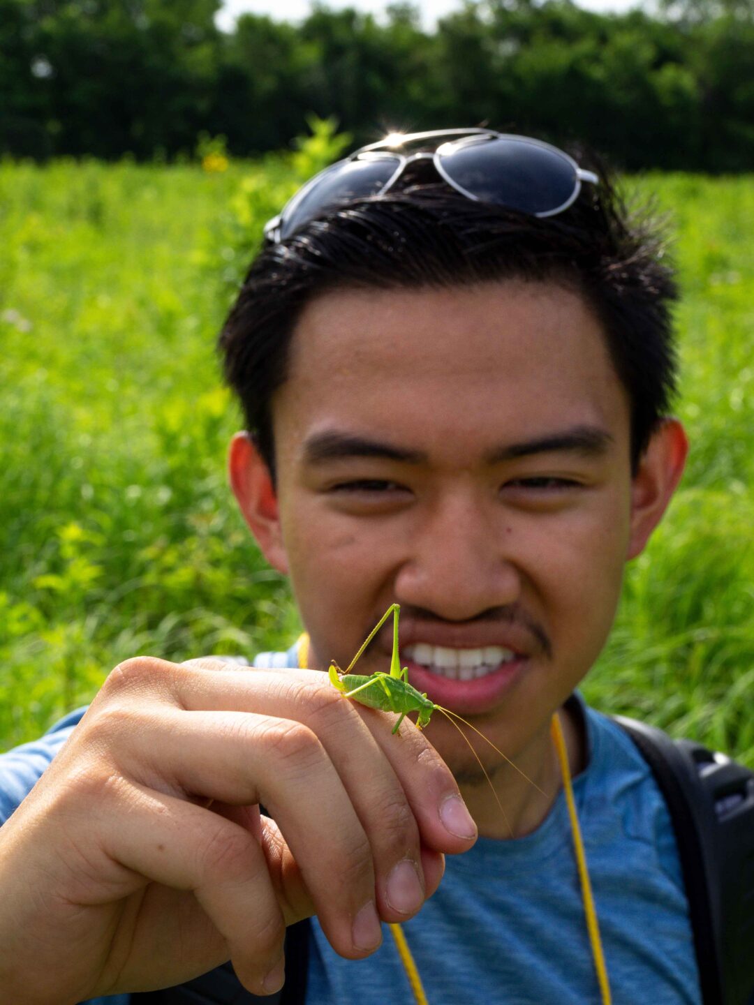 Man with a katydid on his hand.