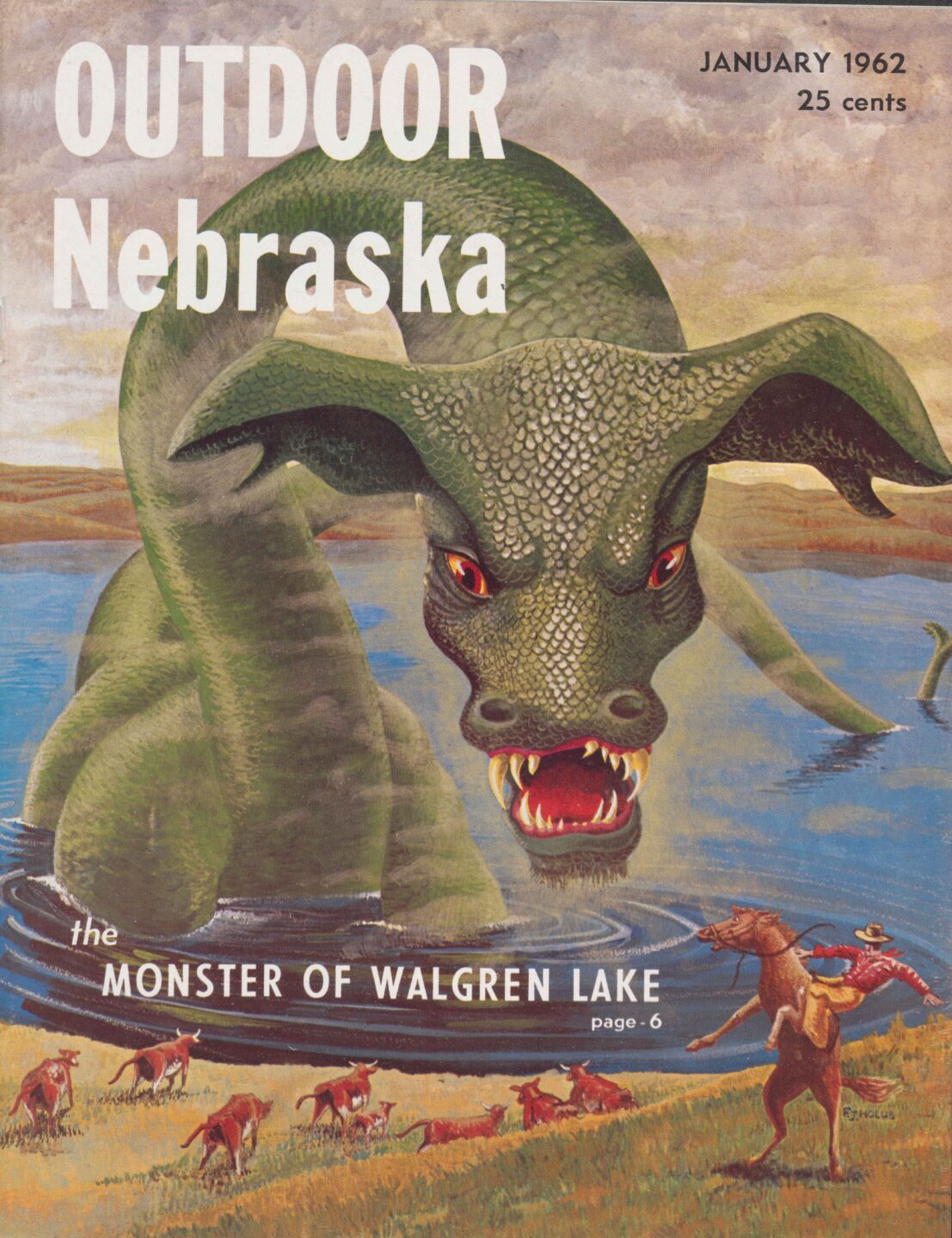 January 1962 cover of Outdoor Nebraska Magazine showing an illustration of the Monster of Walgren Lake by Frank Holub.
