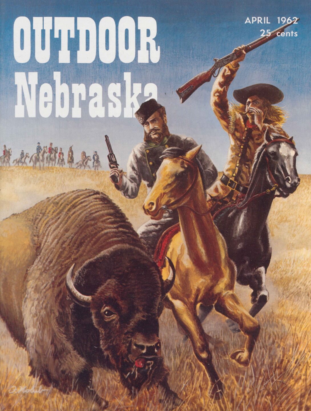 April 1962 cover of Outdoor Nebraska is an exciting reimagining of a rare piece of Nebraska history: A flustered Grand Duke Alexis receiving an assist from Buffalo Bill Cody during a bison hunt.
