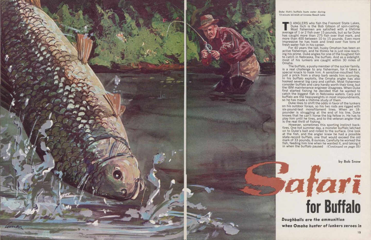 Illustration by Jack Curran of a fisherman reeling in a carp that is jumping out of the water.