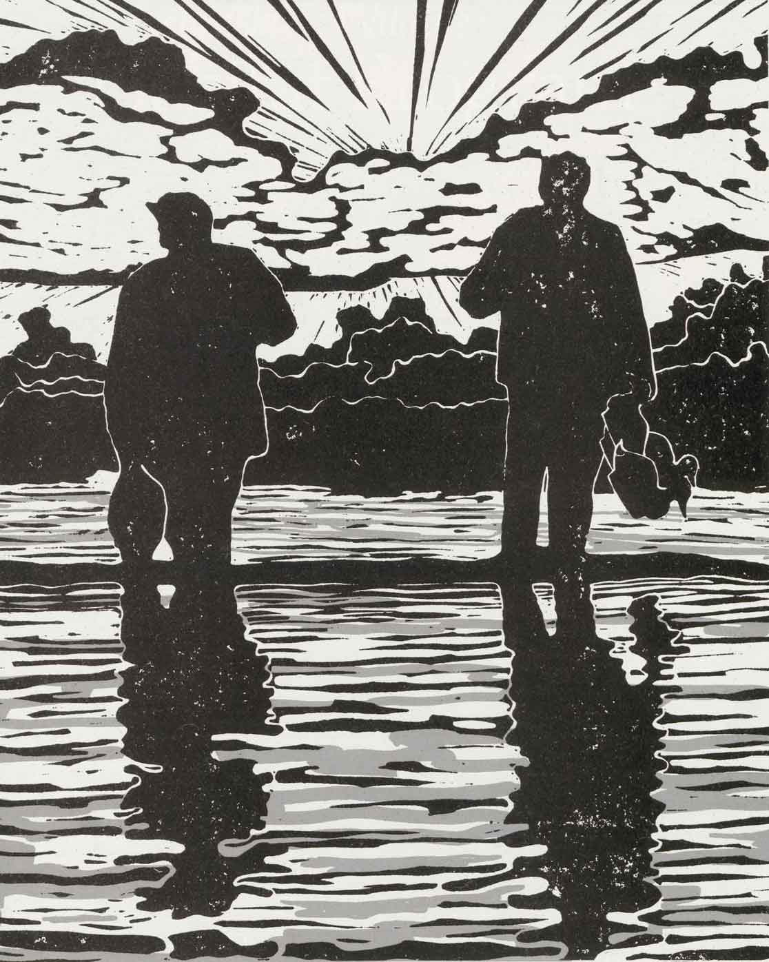 Woodcut of waterfowl hunters walking in the water by Steve O'Hare.