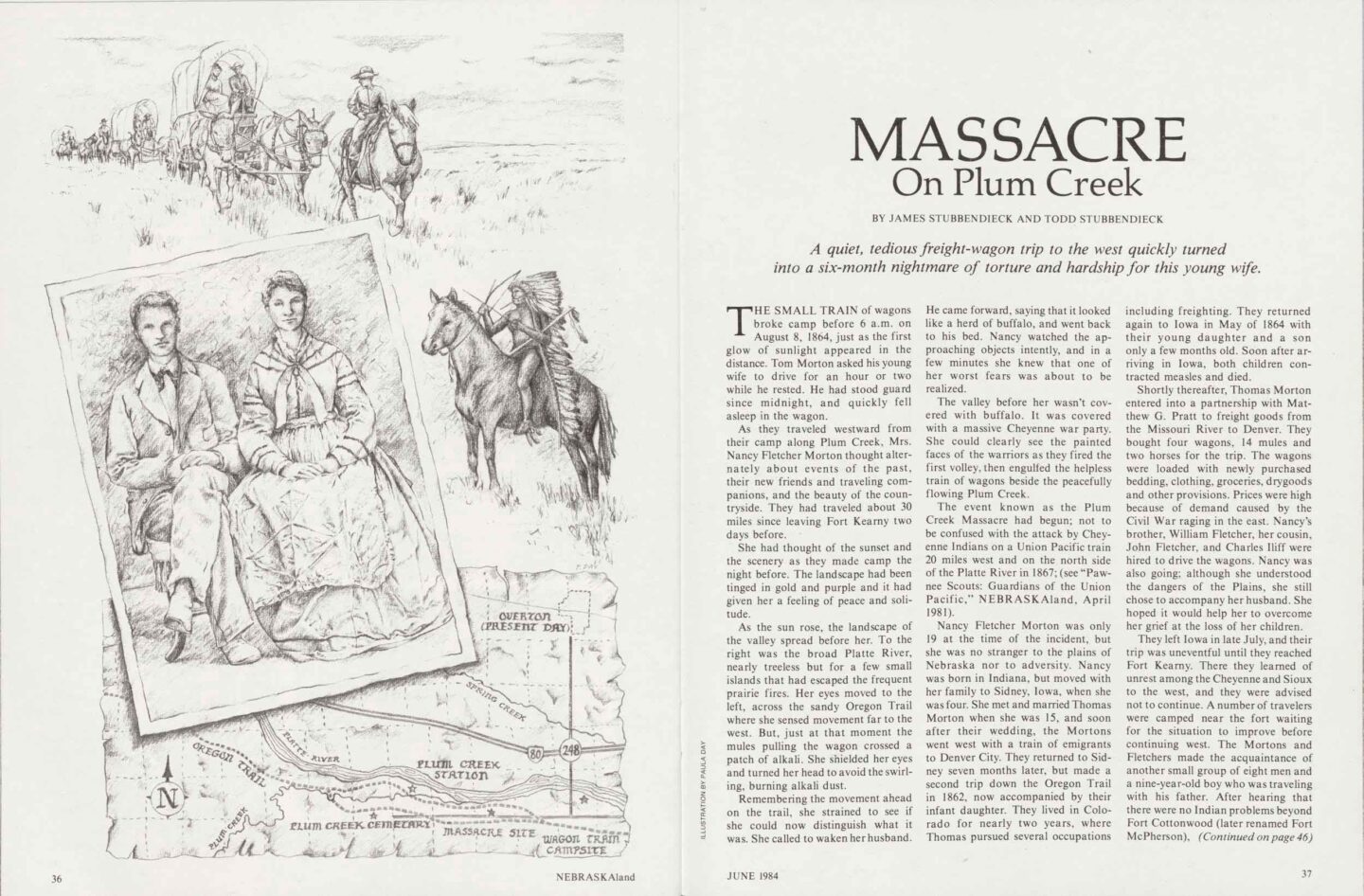Illustration of freight-wagon trip to the west by Paula Day.