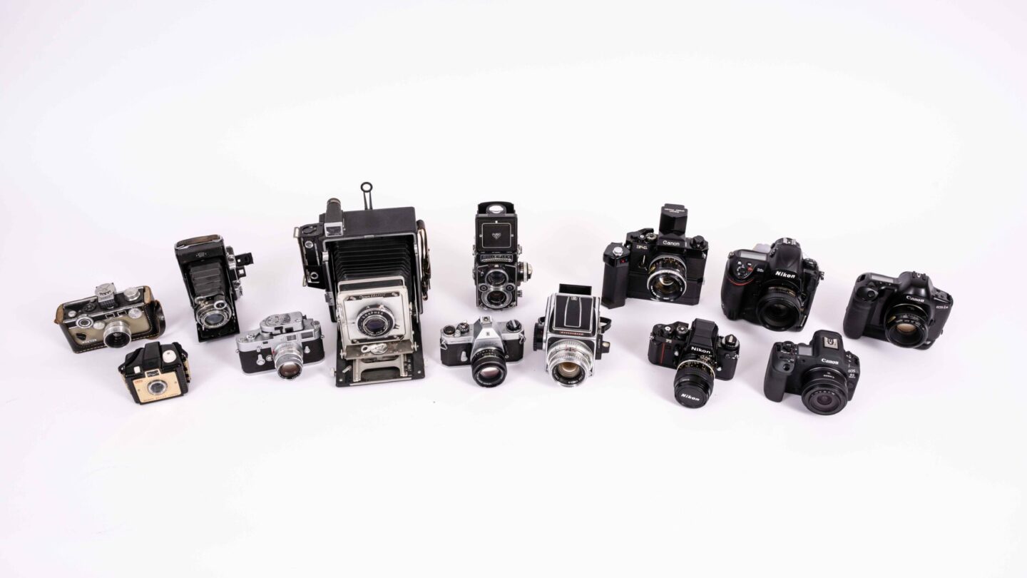 The evolution of cameras similar to ones that have been used by Nebraskaland photographers during the past 100 years ranges from box, folding, press, rangefinder, twin-lens reflex and Hasselblad, medium format, 35mm single-lens reflex, and digital SLR and mirrorless.