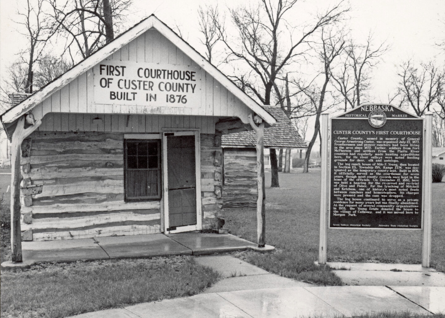 Custer County’s original courthouse in Callaway, shown in the 1960s after a historical marker was placed. NSHS RG3335-5-16