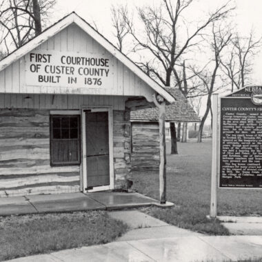 Custer County’s original courthouse in Callaway, shown in the 1960s after a historical marker was placed. NSHS RG3335-5-16