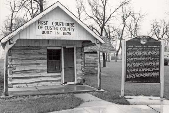Custer County’s original courthouse in Callaway, shown in the 1960s after a historical marker was placed. NSHS RG3335-5-16