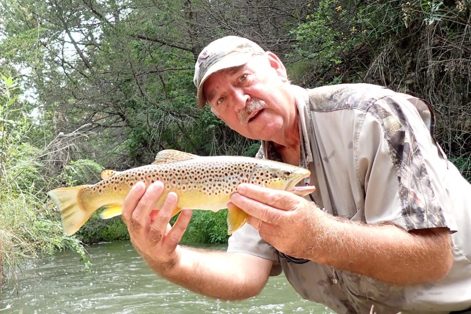 Streamside angler holding brown trout.