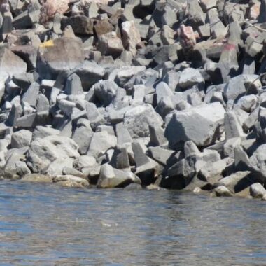Rocky face of Kingsley Dam.