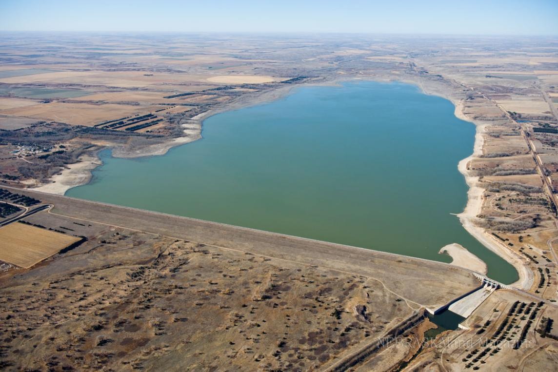 Aerial photo of Swanson Reservoir.  Photo by Eric Fowler, Nebraskaland Magazine.