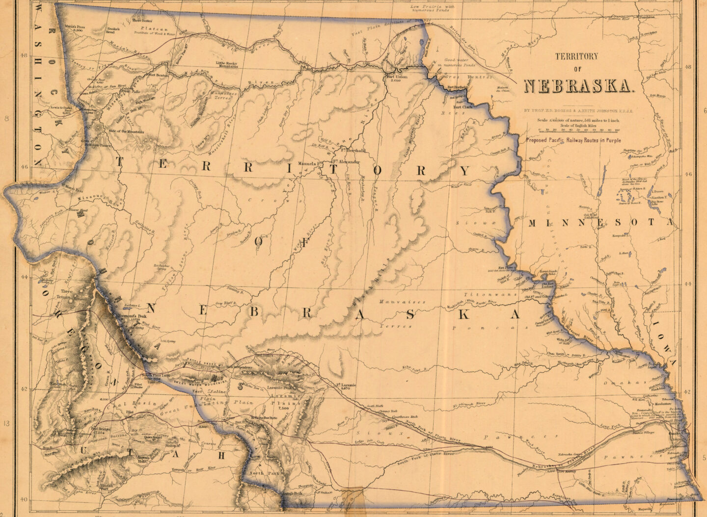 Nebraska Territory’s original boundaries, in 1857, stretched from Kansas to Canada. NSHS M782 1857 R26