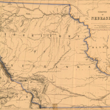 Nebraska Territory’s original boundaries, in 1857, stretched from Kansas to Canada. NSHS M782 1857 R26