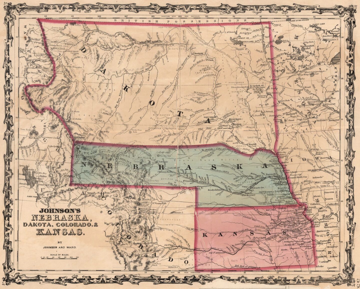 The “Long Panhandle” of 1861-1863 stretched nearly to Fort Bridger, Wyoming. NSHS M782 1862 J62
