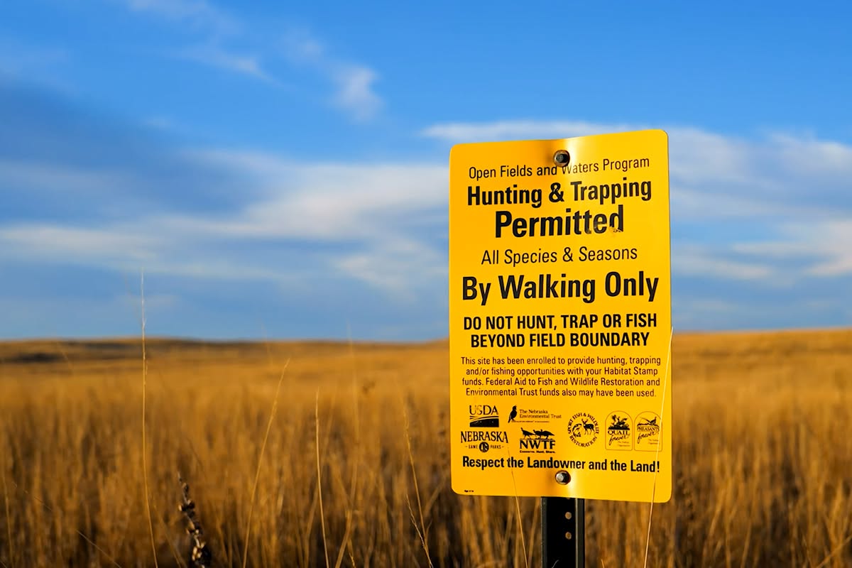 An Open Fields and Waters Program sign on public land in Nebraska.