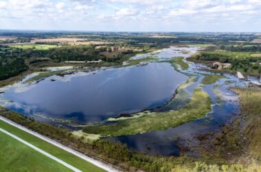 Aerial view of Wagon Train Reservoir full of water. Photo by Eric Fowler, Nebraskaland Magazine.