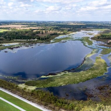 Aerial view of Wagon Train Reservoir full of water. Photo by Eric Fowler, Nebraskaland Magazine.