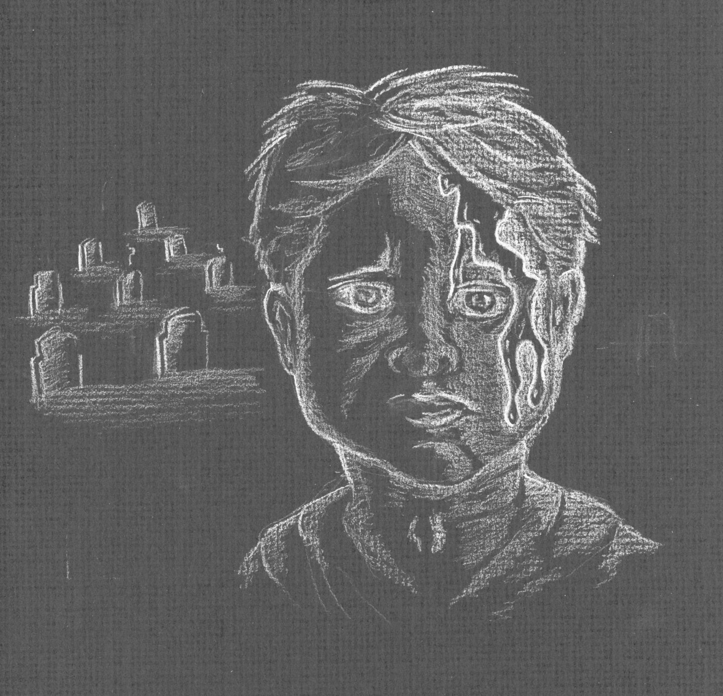 Illustration of a boy with blood on his face.