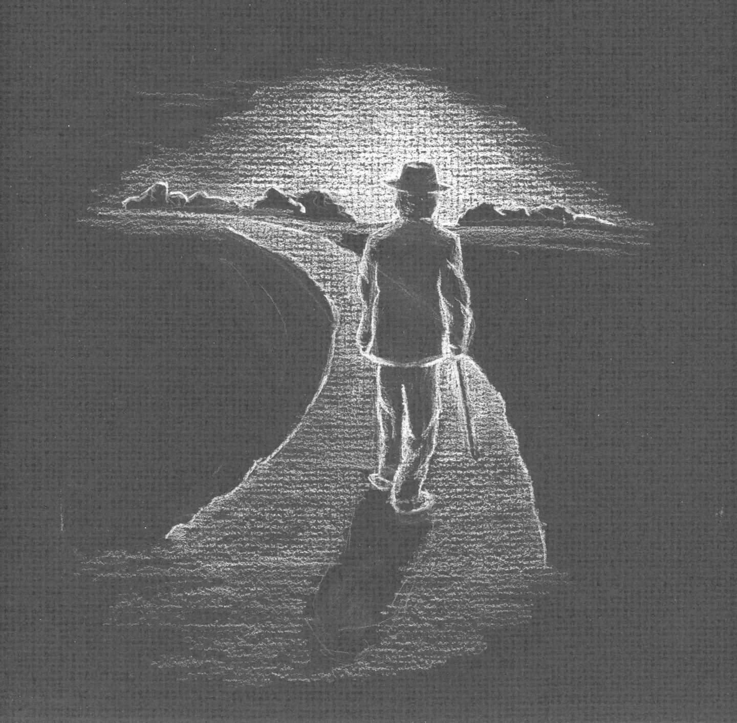Ghost in the form of old man walking on a trail illustration.
