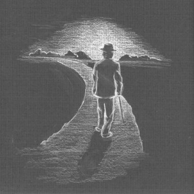Ghost in the form of old man walking on a trail illustration.