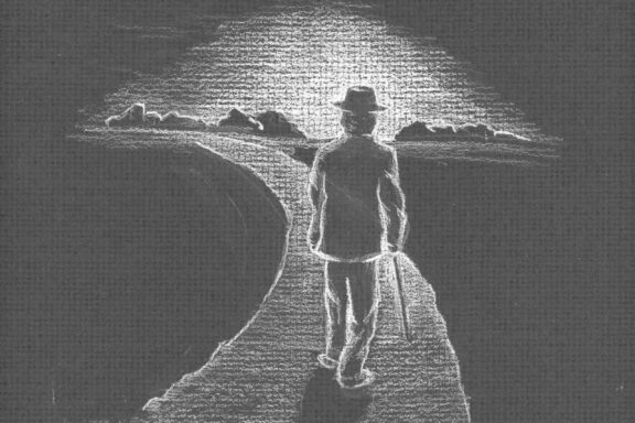 Ghost in the form of old man walking on a trail illustration.